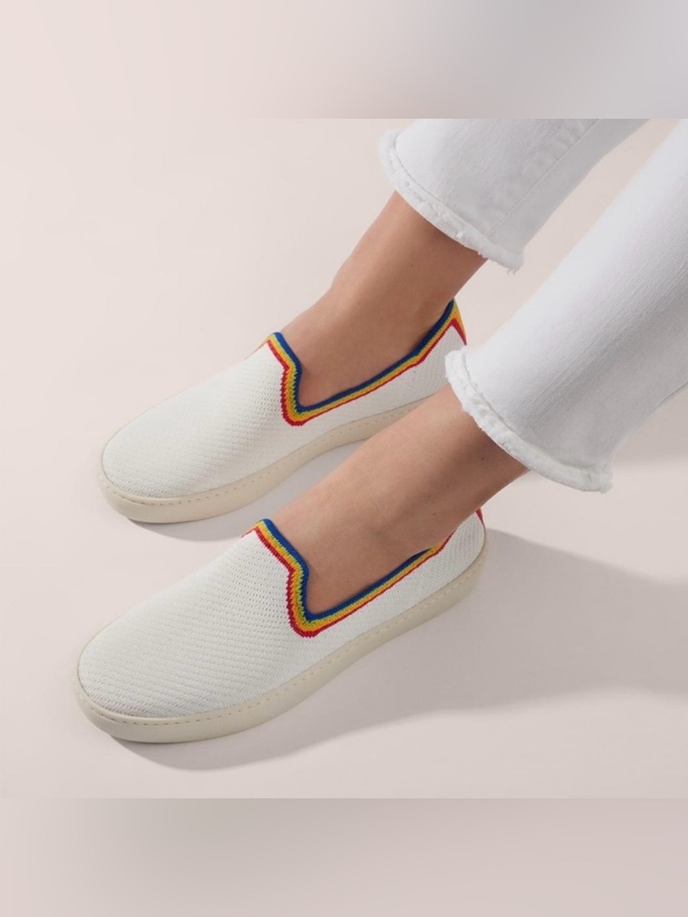 Rothy's White Pride Slip-On Sneakers with Rainbow Knit Trim Washable Size 9.5